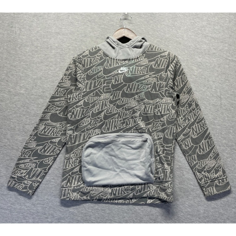 Nike Sportswear French Terry Hoodie Kids Boys Large Gray All Over Print Athletic
